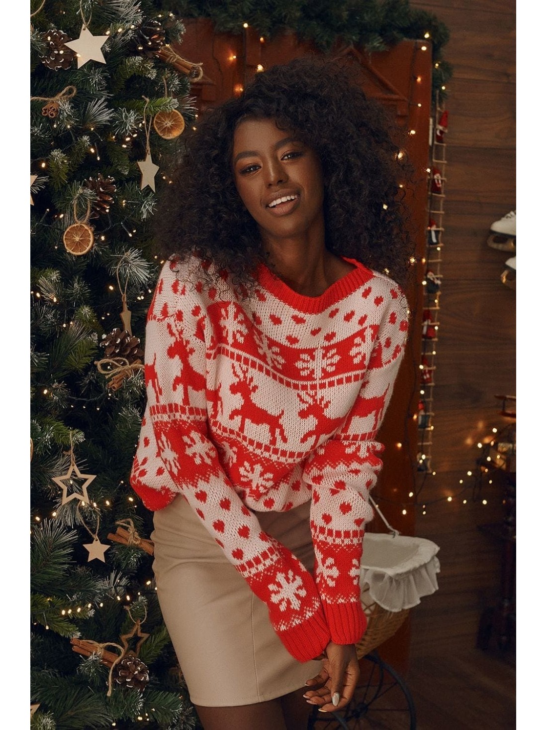 Women\'s Christmas sweater with patterns, red 8523 - Online store - Boutique